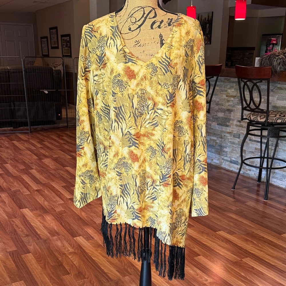 Size 1XL animal print sheer top with tassels along bottom - Picture 1 of 4
